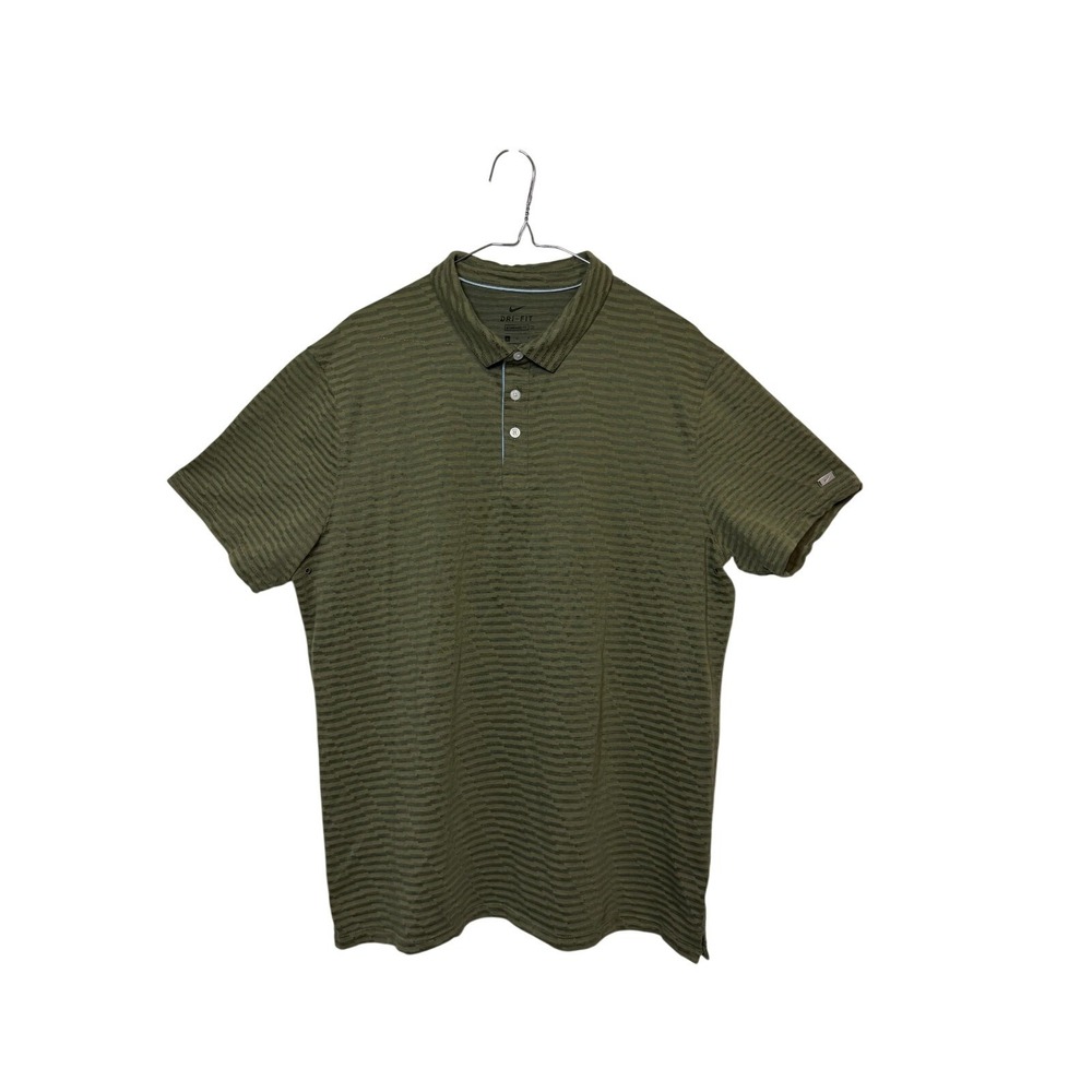 Nike Dri-FIT Polo Shirt Mens Large Olive Green Striped Textured Short Sleeve L